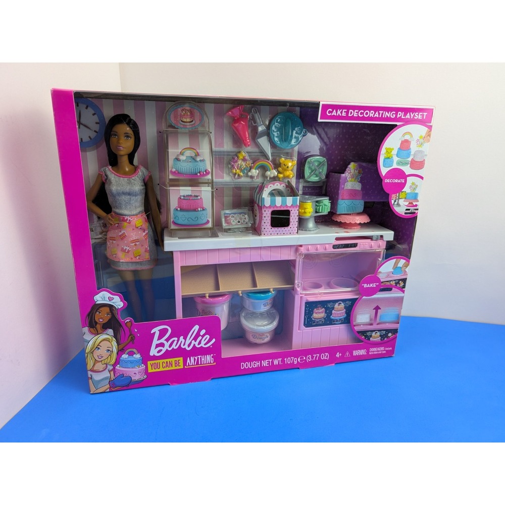 Barbie Cake Decorating Playset with Brunette Doll, Baking Island with Oven New